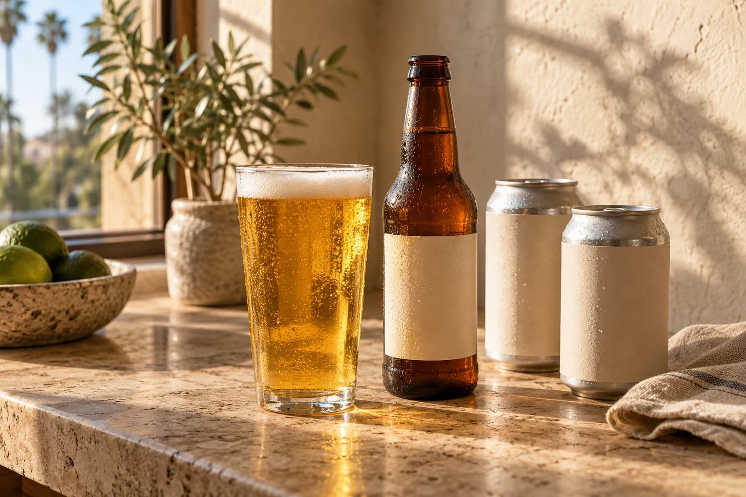Golden craft beer, an amber bottle, and chilled cans by the window