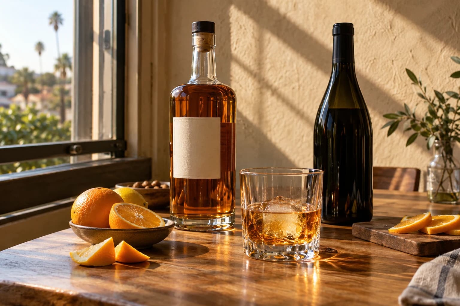 Spirits and a whiskey glass in warm afternoon light